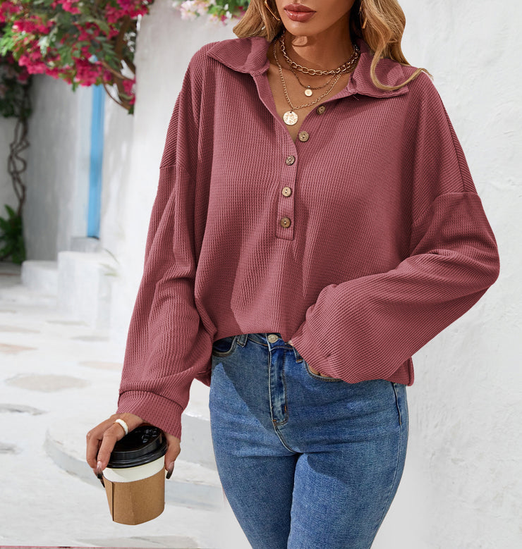 Women’s Fashion Lapel Button Sweatshirt Casual Loose Long Sleeve Pullover