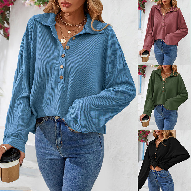 Women’s Fashion Lapel Button Sweatshirt Casual Loose Long Sleeve Pullover