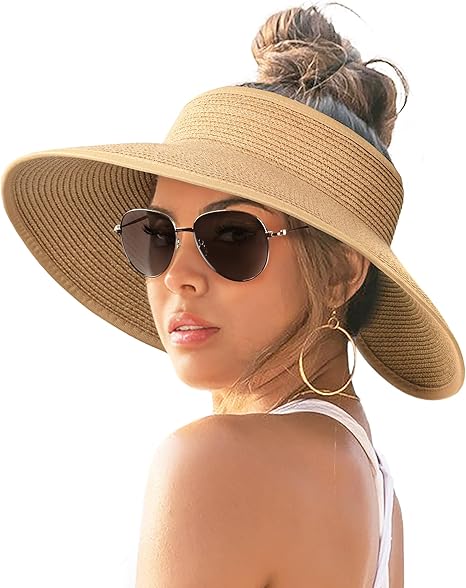 Women’s Summer Beach Hat UV Protection Wide Brim Straw Sun Cap with Bowknot