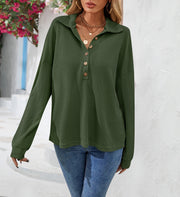 Women’s Fashion Lapel Button Sweatshirt Casual Loose Long Sleeve Pullover