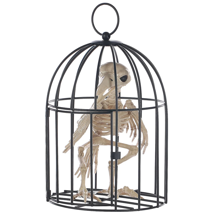 Skeleton Crow In Cage Halloween Decor